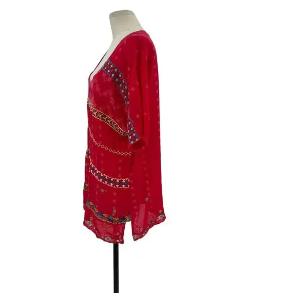 Johnny Was Daisy Eyelet Tunic‎ Top Short Sleeve Embroidered Red Size PL Petites - Picture 5 of 8